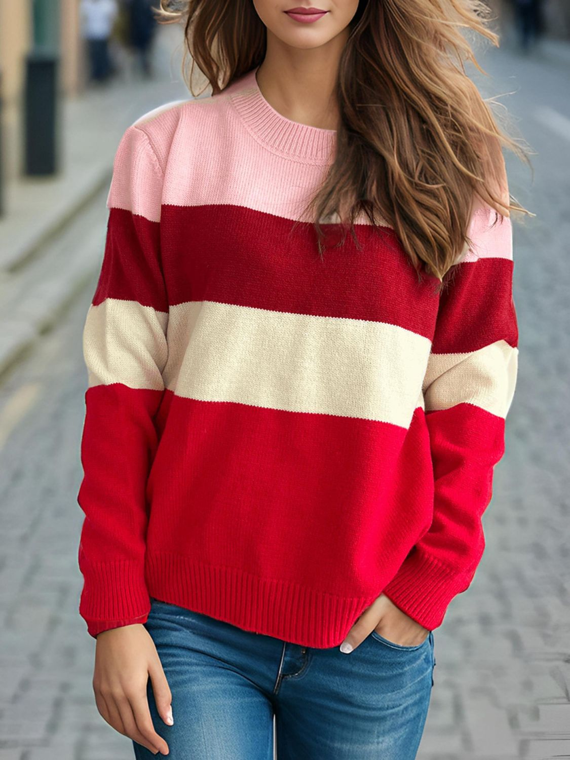 Color Block Round Neck Long Sleeve Sweater-Angel Casuals