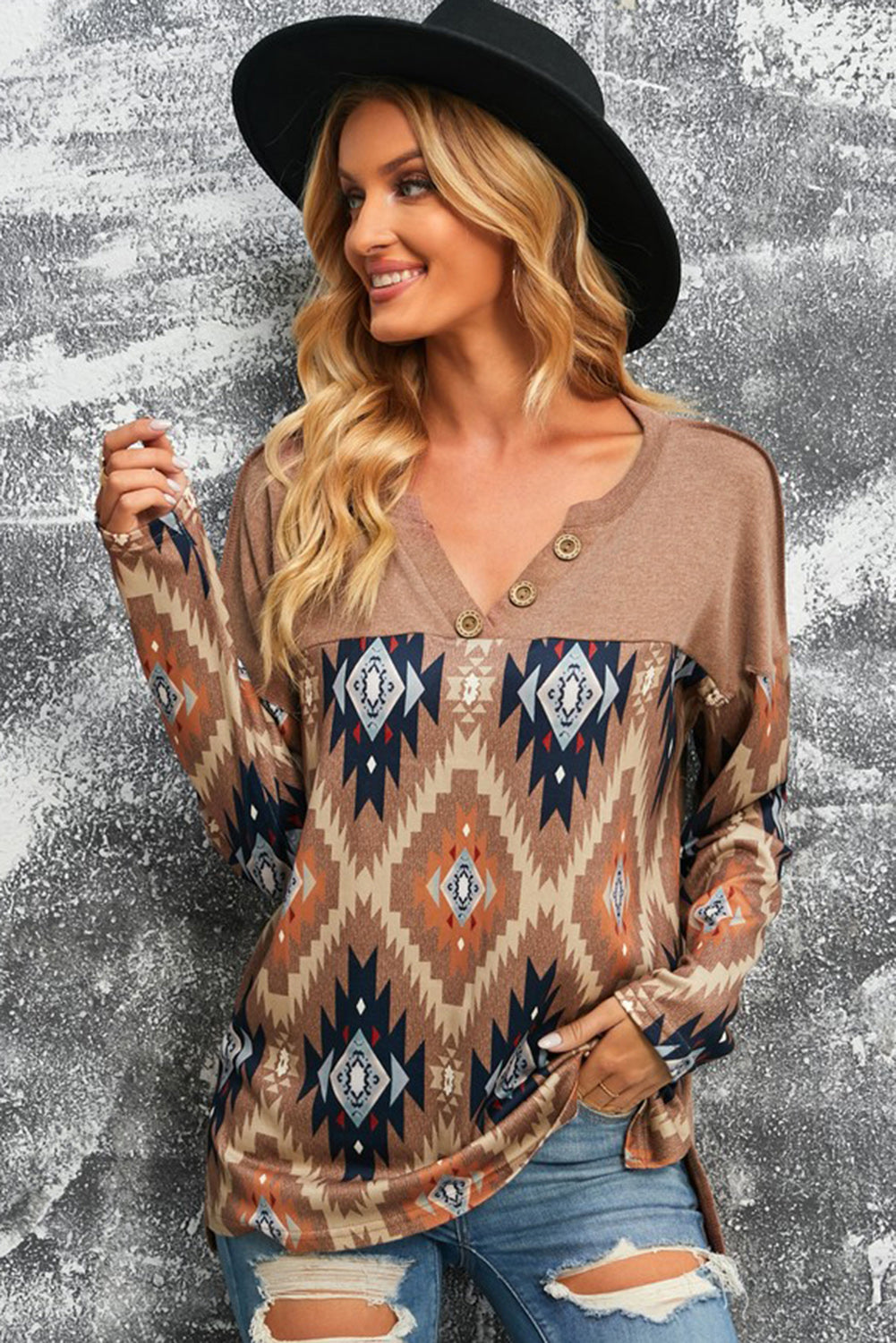 Brown Western Print Buttoned V Neck Top-Angel Casuals