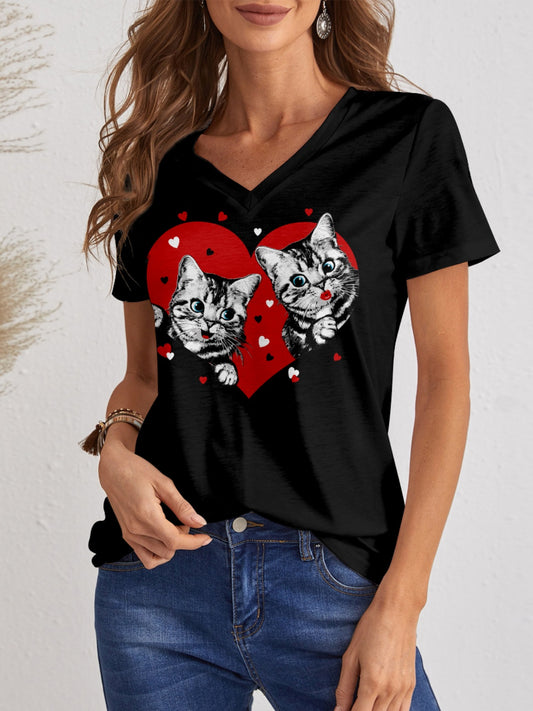 Cat V-Neck Short Sleeve T-Shirt-Angel Casuals