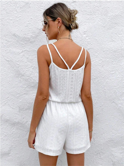 Eyelet Scoop Neck Double Spaghetti Straps Romper-Angel Casuals