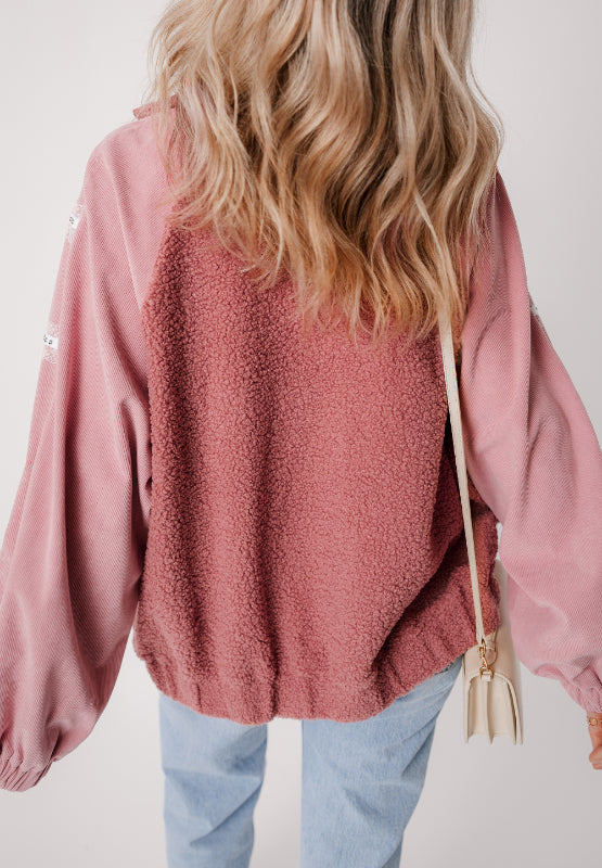 Lace Detail Zip Up Sherpa Patchwork Jacket-Angel Casuals