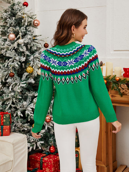 Geometric Round Neck Long Sleeve Sweater-Angel Casuals