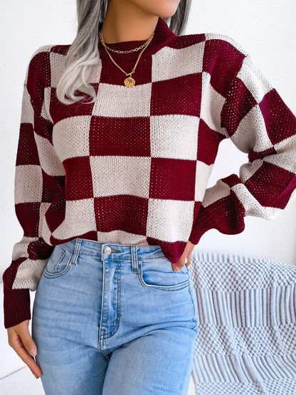 Checkered Mock Neck Long Sleeve Sweater-Angel Casuals