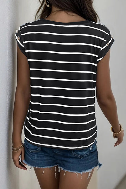 Decorative Button Round Neck T-Shirt-Angel Casuals