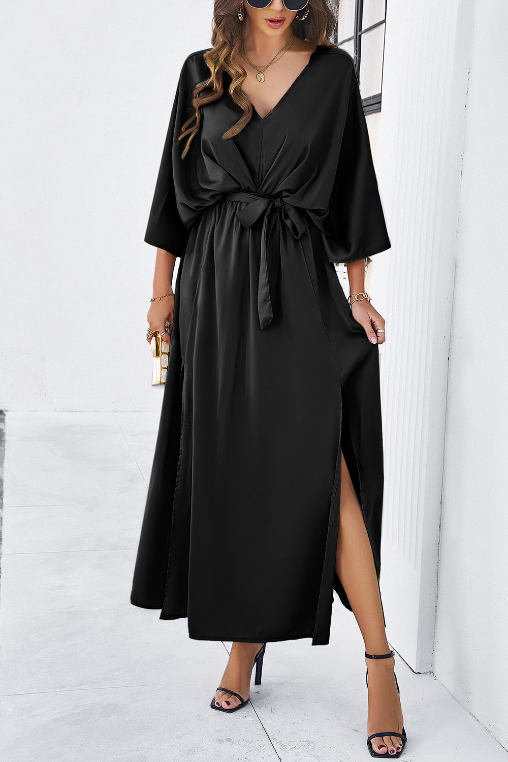 Slit Tied V-Neck Three-Quarter Sleeve Dress-Angel Casuals