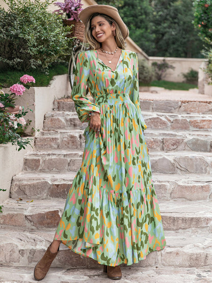 Printed Tie Neck Long Sleeve Maxi Dress-Angel Casuals