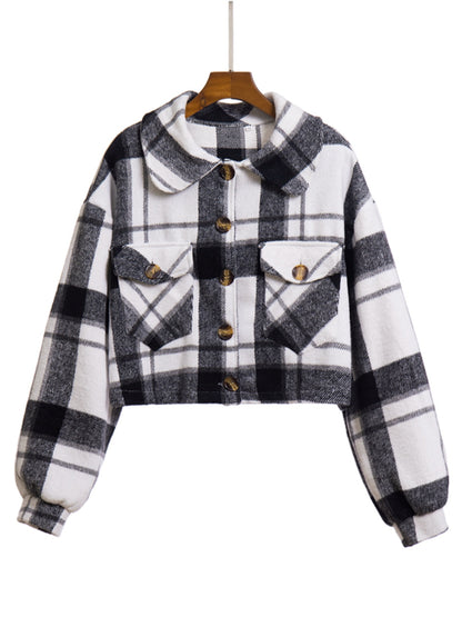 Plaid Button Front Jacket with Pockets-Angel Casuals