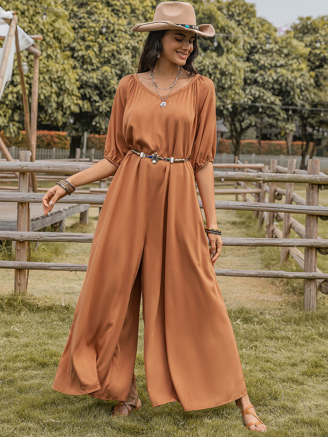 Scoop Neck Half Sleeve Wide Leg Jumpsuit-Angel Casuals