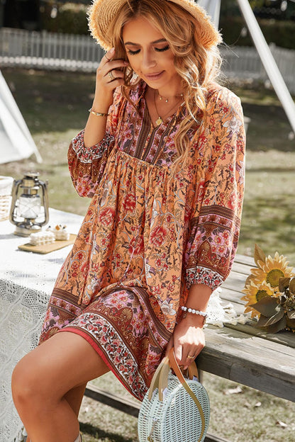 Bohemian Tie Neck Balloon Sleeve Dress-Angel Casuals