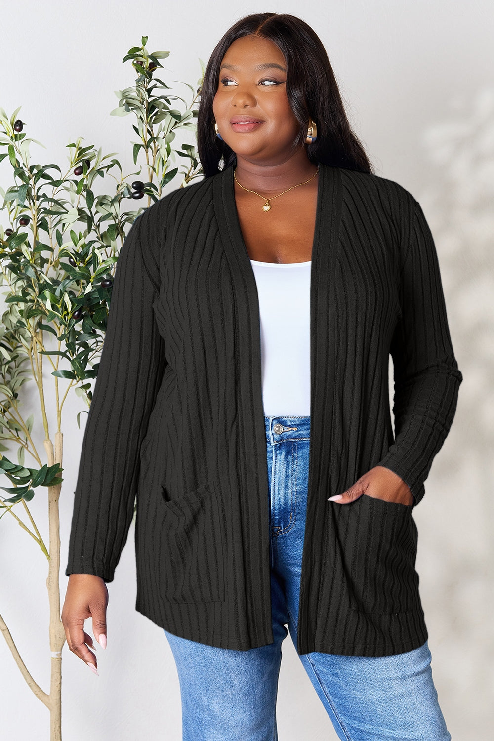 Basic Bae Full Size Ribbed Open Front Cardigan with Pockets-Angel Casuals