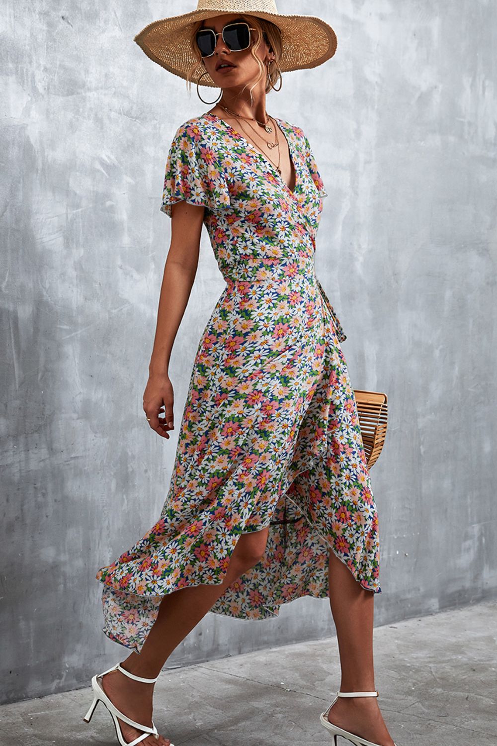 Floral Surplice Neck Tied Midi Dress-Angel Casuals