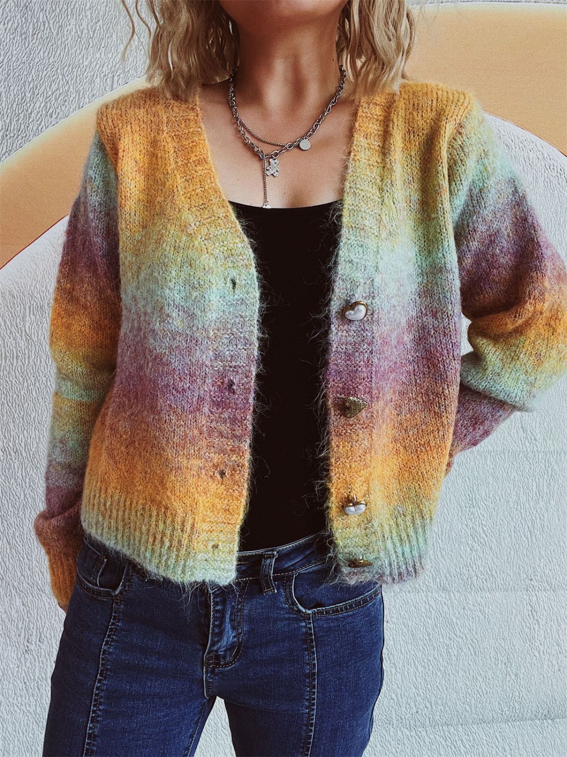 Gradient Heart Shape Button V-Neck Cardigan-Angel Casuals