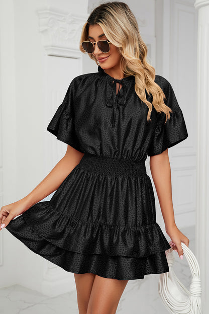 Smocked Tie Neck Flounce Sleeve Dress-Angel Casuals