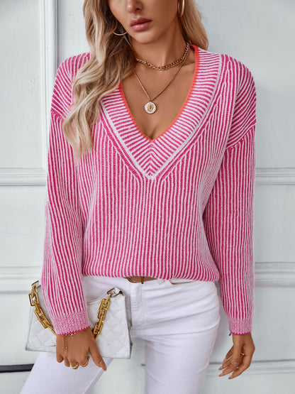 Striped V-Neck Long Sleeve Sweater-Angel Casuals