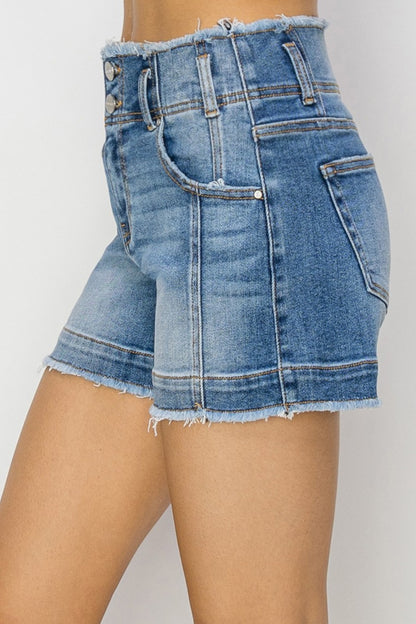 RISEN High Rise Seam Detailed Raw Edge Denim Shorts-Angel Casuals