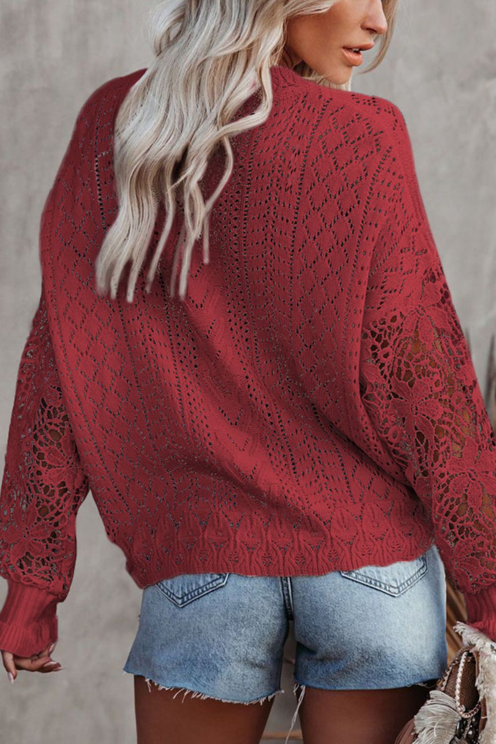 Openwork Round Neck Long Sleeve Sweater-Angel Casuals