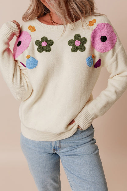 Crochet Flower Round Neck Dropped Shoulder Sweater-Angel Casuals