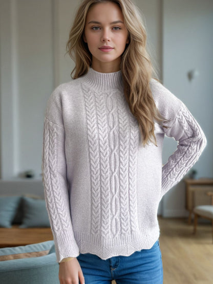 Cable-Knit Mock Neck Dropped Shoulder Sweater-Angel Casuals