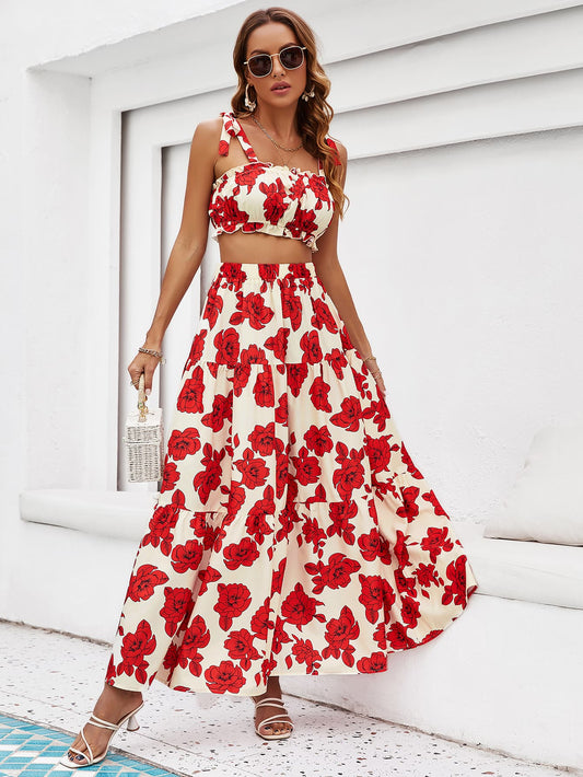 Floral Tie Shoulder Top and Tiered Maxi Skirt Set-Angel Casuals