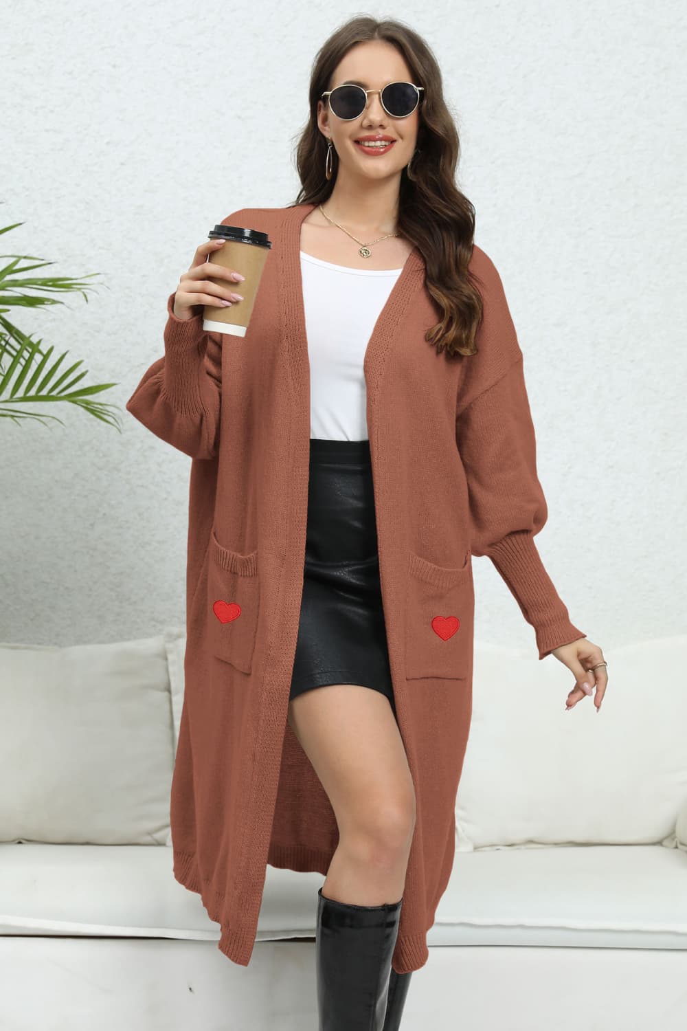 Lantern Sleeve Open Front Pocketed Cardigan-Angel Casuals