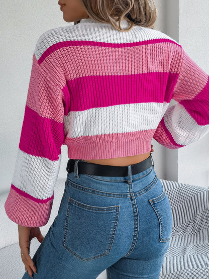 Color Block Round Neck Cropped Sweater-Angel Casuals