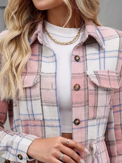 Drawstring Plaid Button Up Jacket with Chest Pockets-Angel Casuals