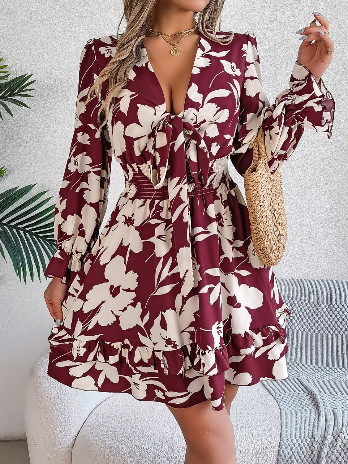 Tied Ruffled Printed Long Sleeve Dress-Angel Casuals