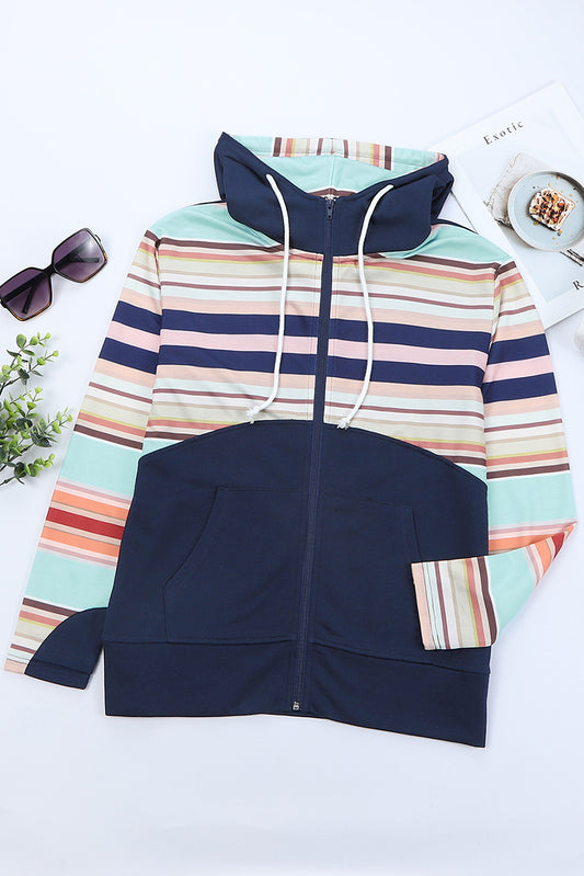 Double Take Striped Color Block Zip Up Jacket-Angel Casuals