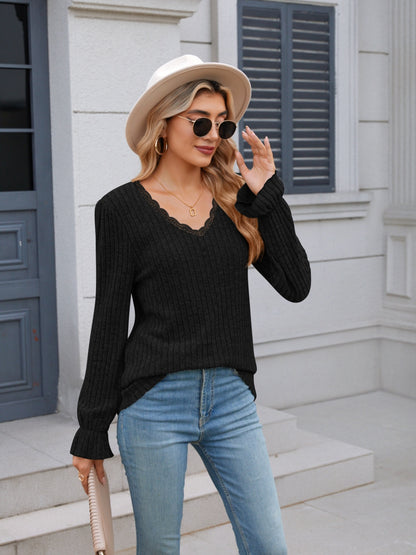 Lace Detail V-Neck Long Sleeve T-Shirt-Angel Casuals
