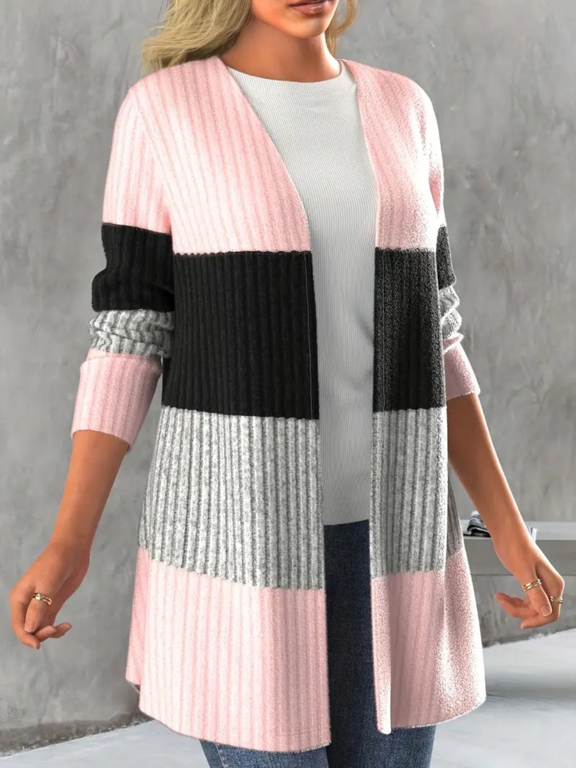 Color Block Open Front Long Sleeve Cardigan-Angel Casuals