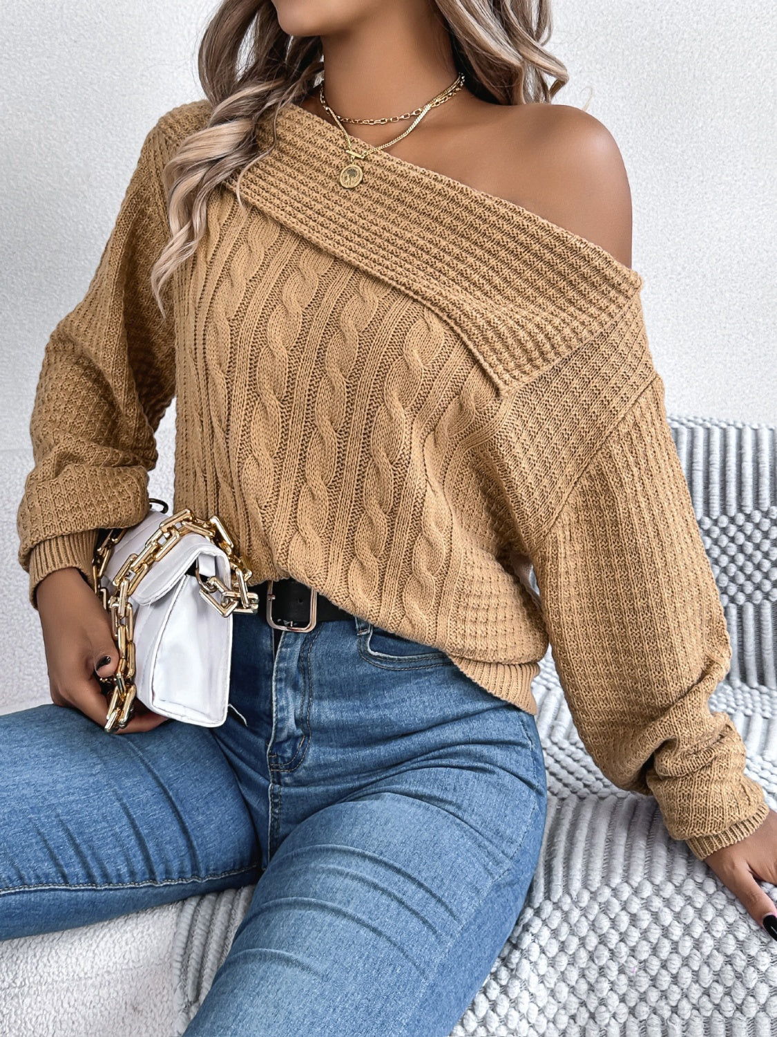 Cable-Knit One Shoulder Long Sleeve Sweater-Angel Casuals