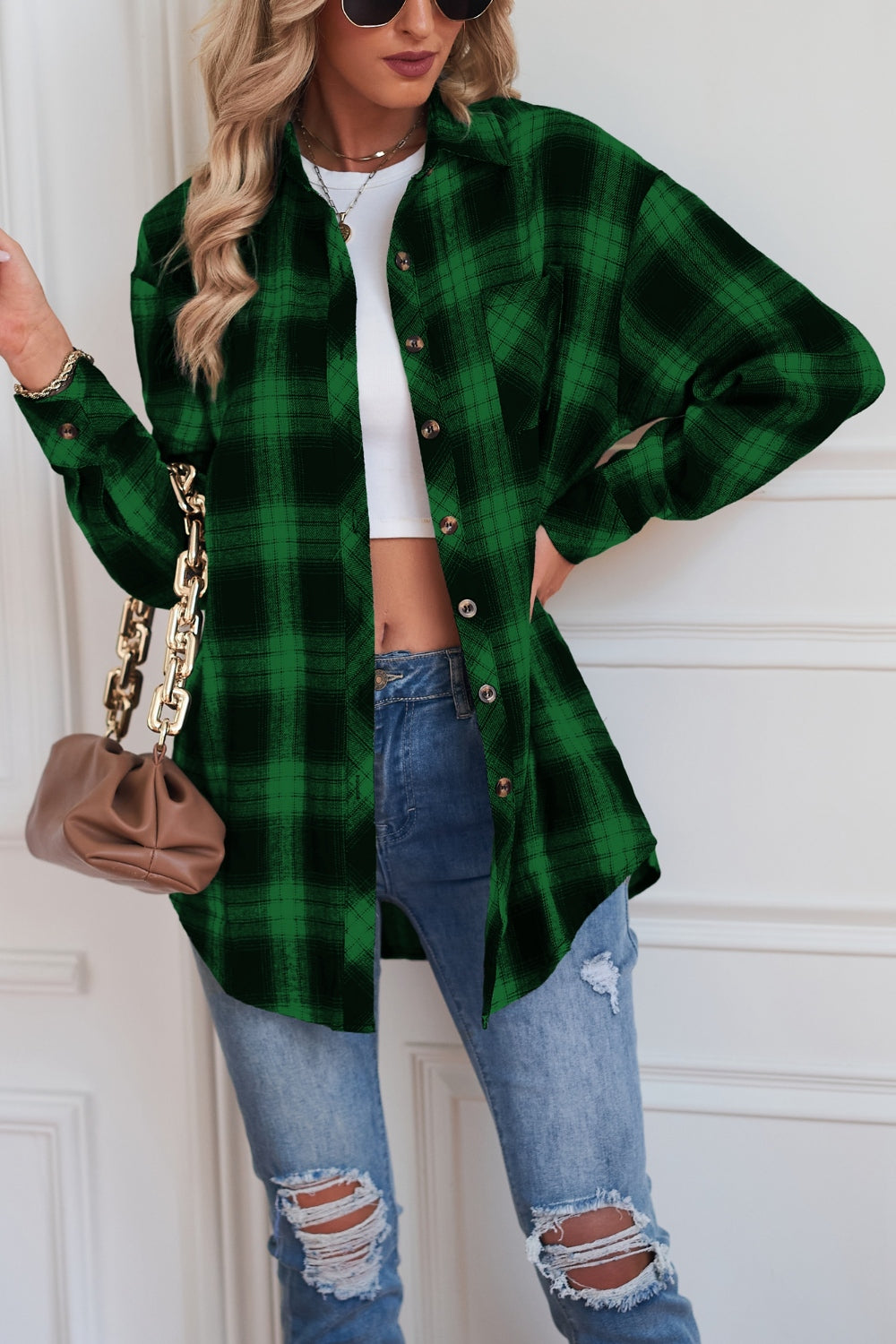 Plaid Button Up Dropped Shoulder Outerwear-Angel Casuals
