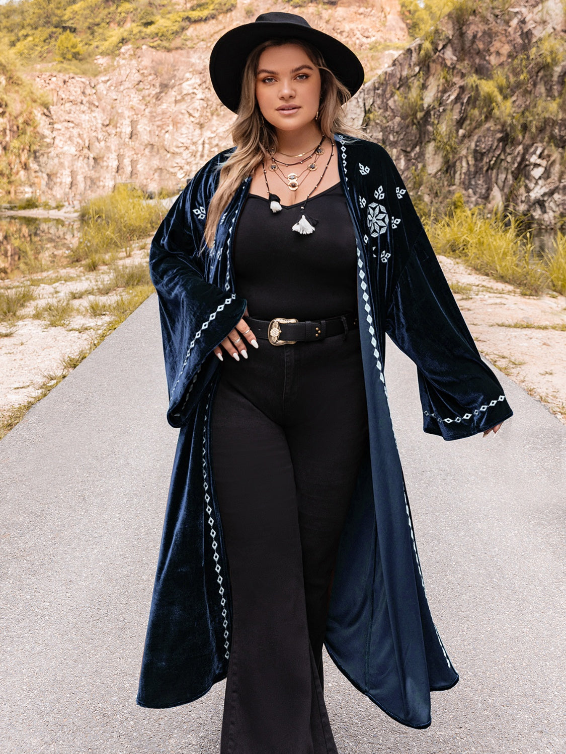 Plus Size Embroidery Open Front Long Sleeve Cardigan-Angel Casuals
