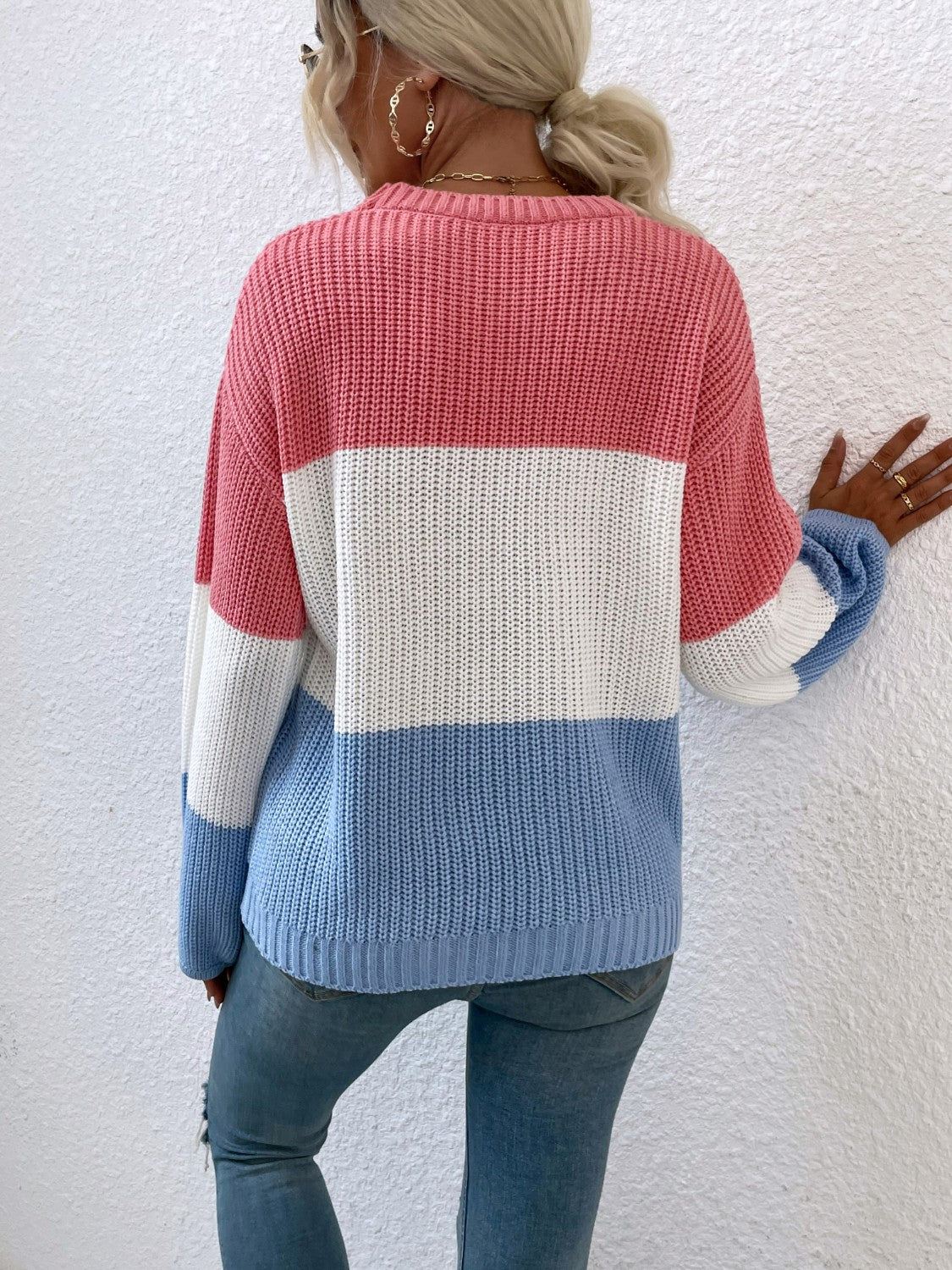 Color Block Round Neck Sweater-Angel Casuals