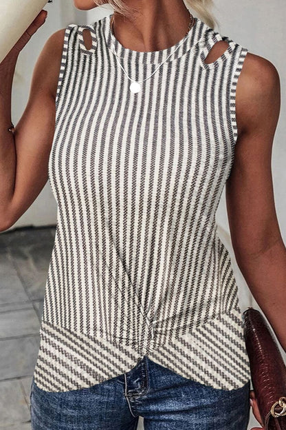 Cutout Striped Round Neck Tank-Angel Casuals