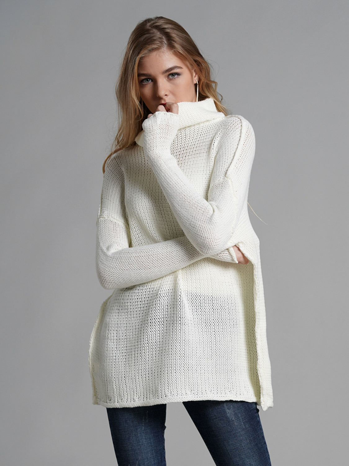 Turtleneck Dropped Shoulder Long Sleeve Sweater-Angel Casuals