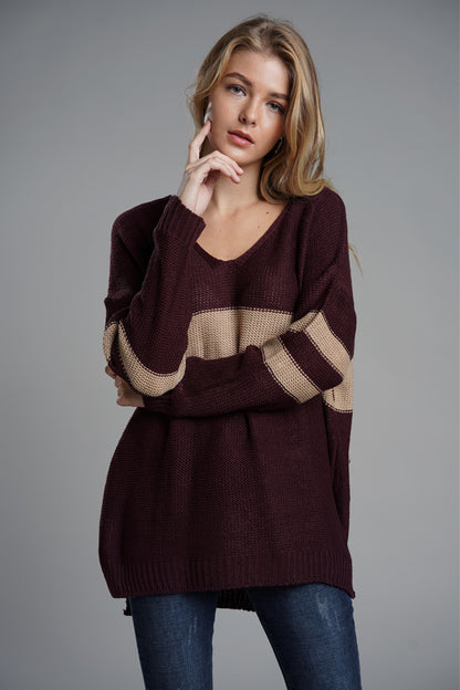 Slit Contrast V-Neck Long Sleeve Sweater-Angel Casuals