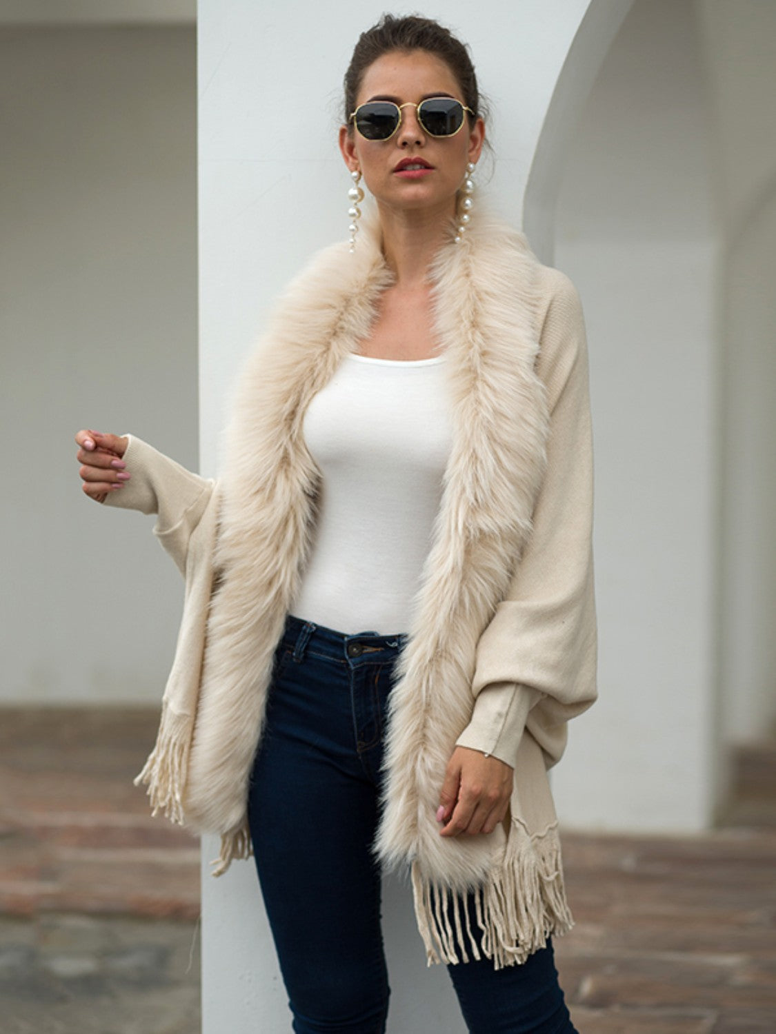 Fringe Open Front Long Sleeve Poncho-Angel Casuals