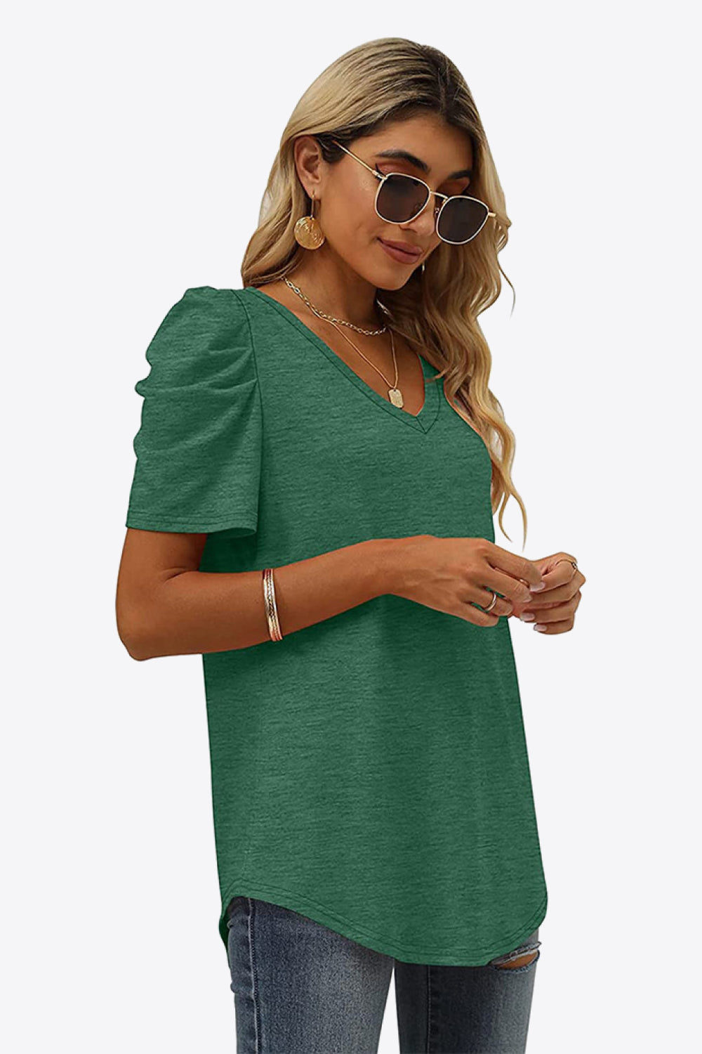 V-Neck Puff Sleeve Tee-Angel Casuals