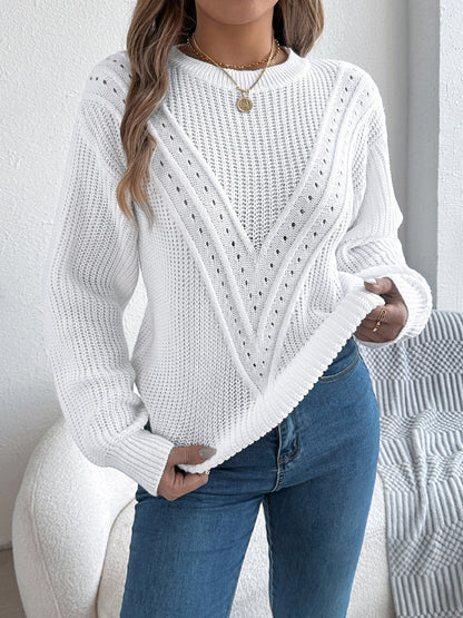 Openwork Round Neck Long Sleeve Sweater-Angel Casuals