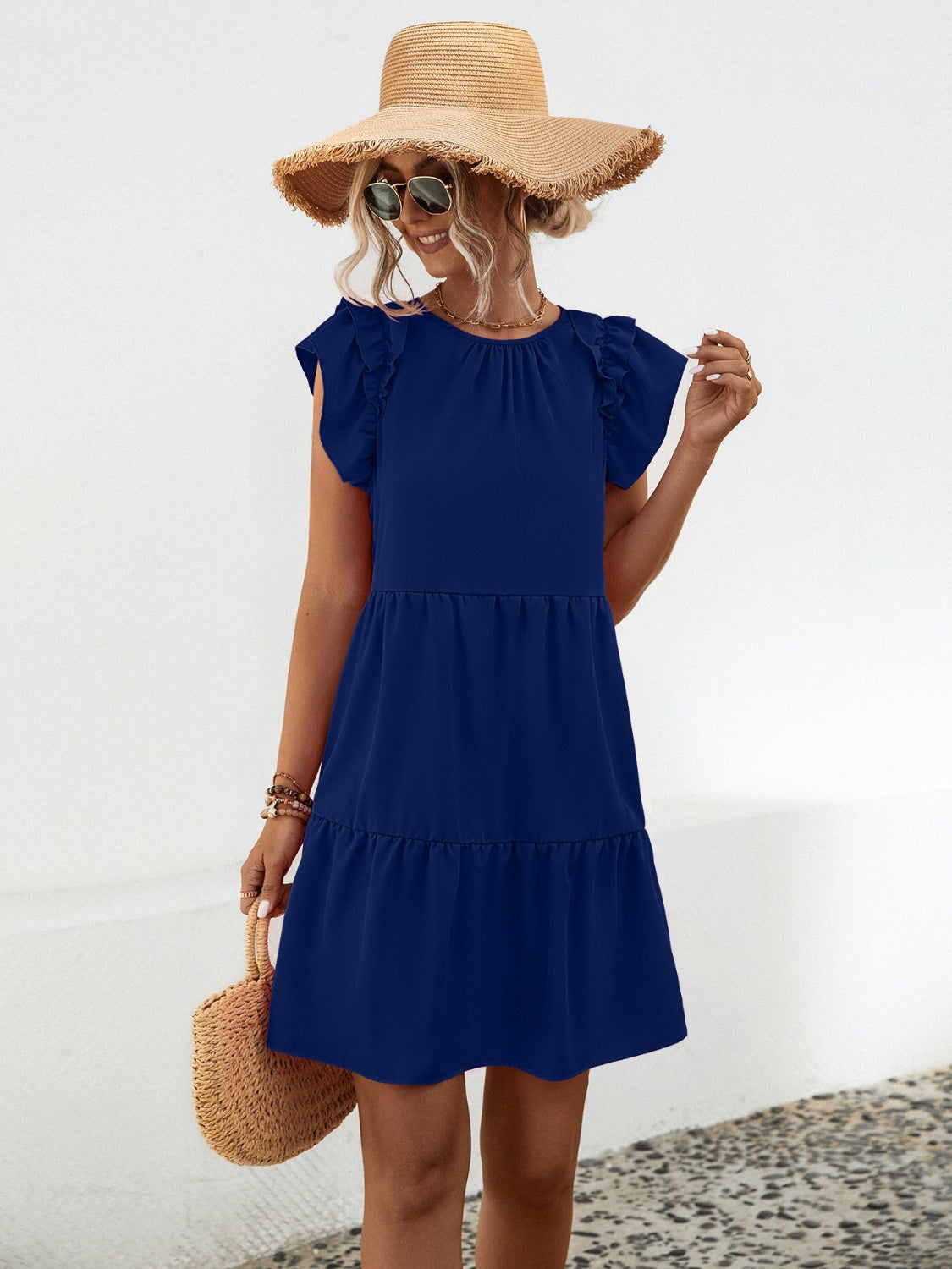 Ruffled Round Neck Cap Sleeve Mini Dress-Angel Casuals