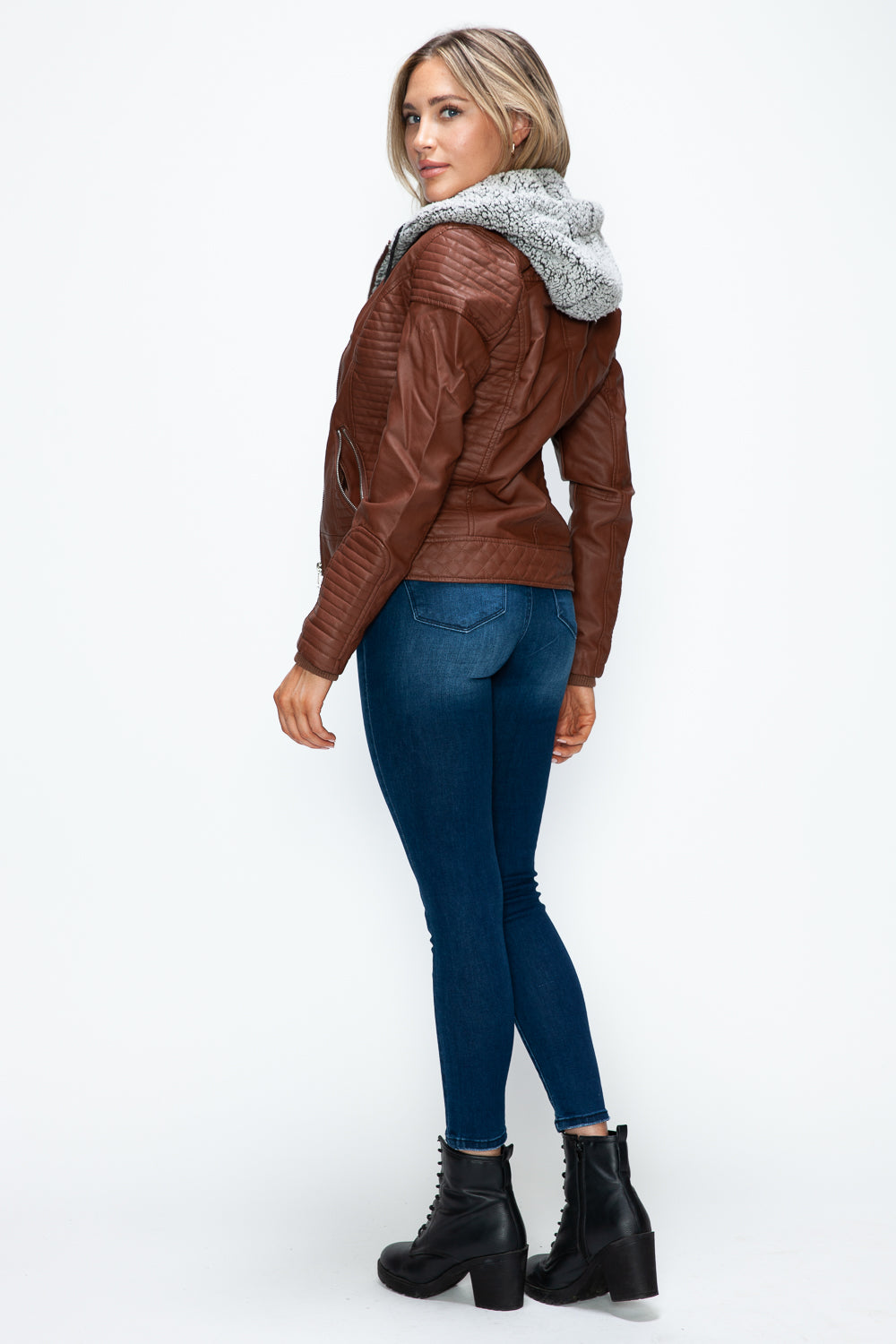 YMI Faux Layered Double-Zipper Jacket with Fuzzy Hood-Angel Casuals