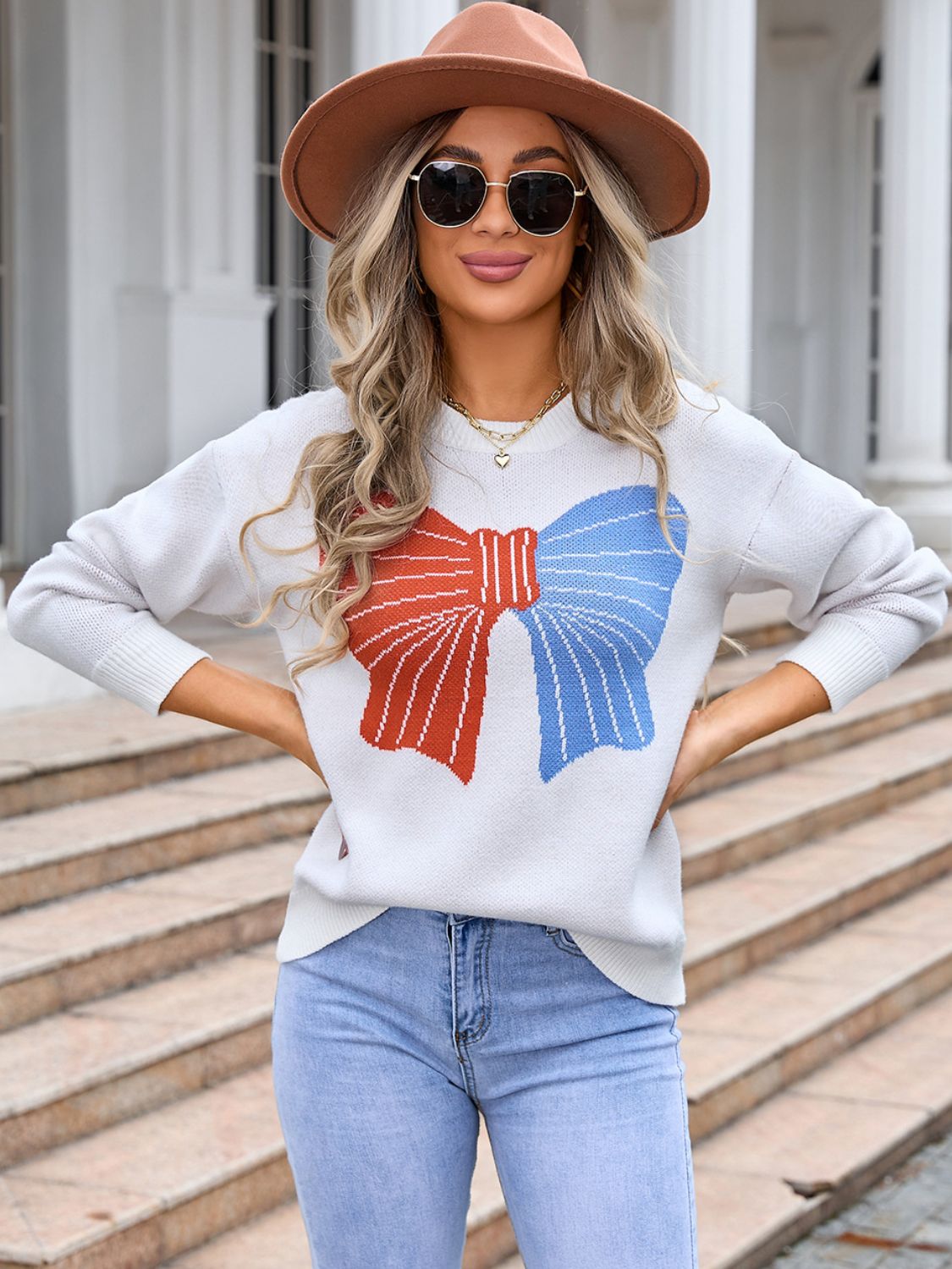 Angel Wings Bow Round Neck Dropped Shoulder Sweater-Angel Casuals