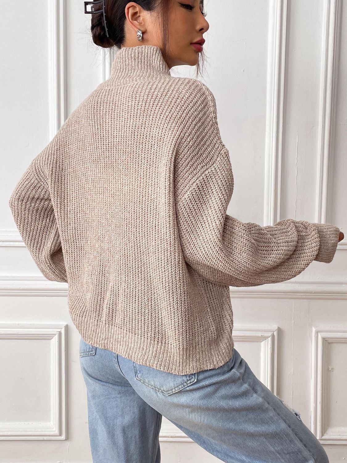 Heart Turtleneck Dropped Shoulder Long Sleeve Sweater-Angel Casuals