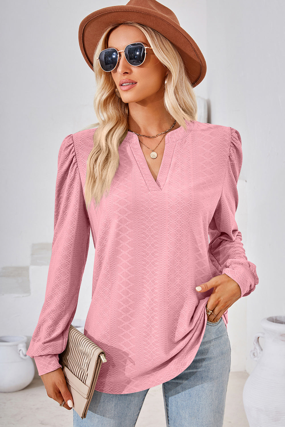 Ruched Notched Long Sleeve T-Shirt-Angel Casuals