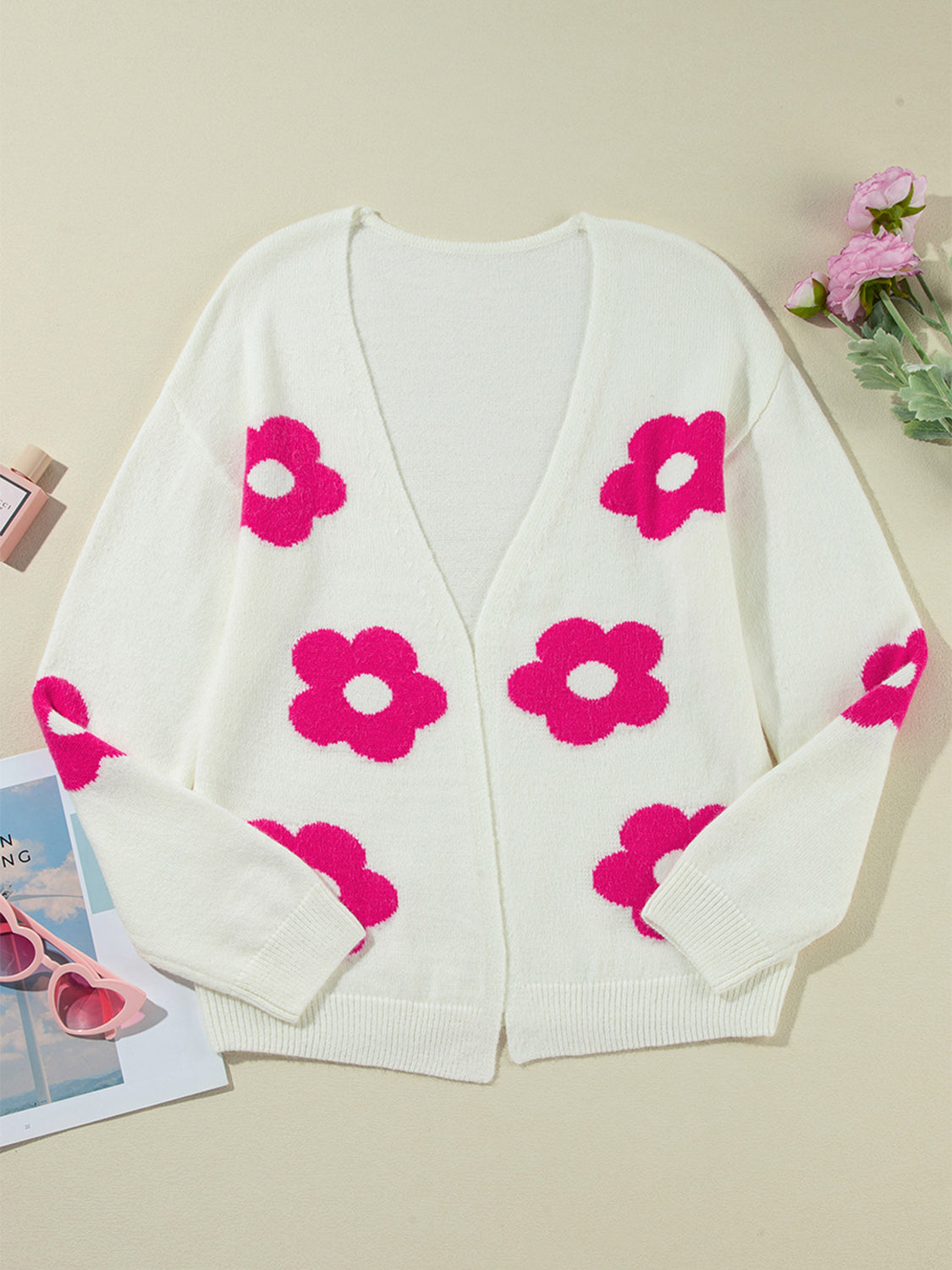 Flower Open Front Long Sleeve Cardigan-Angel Casuals