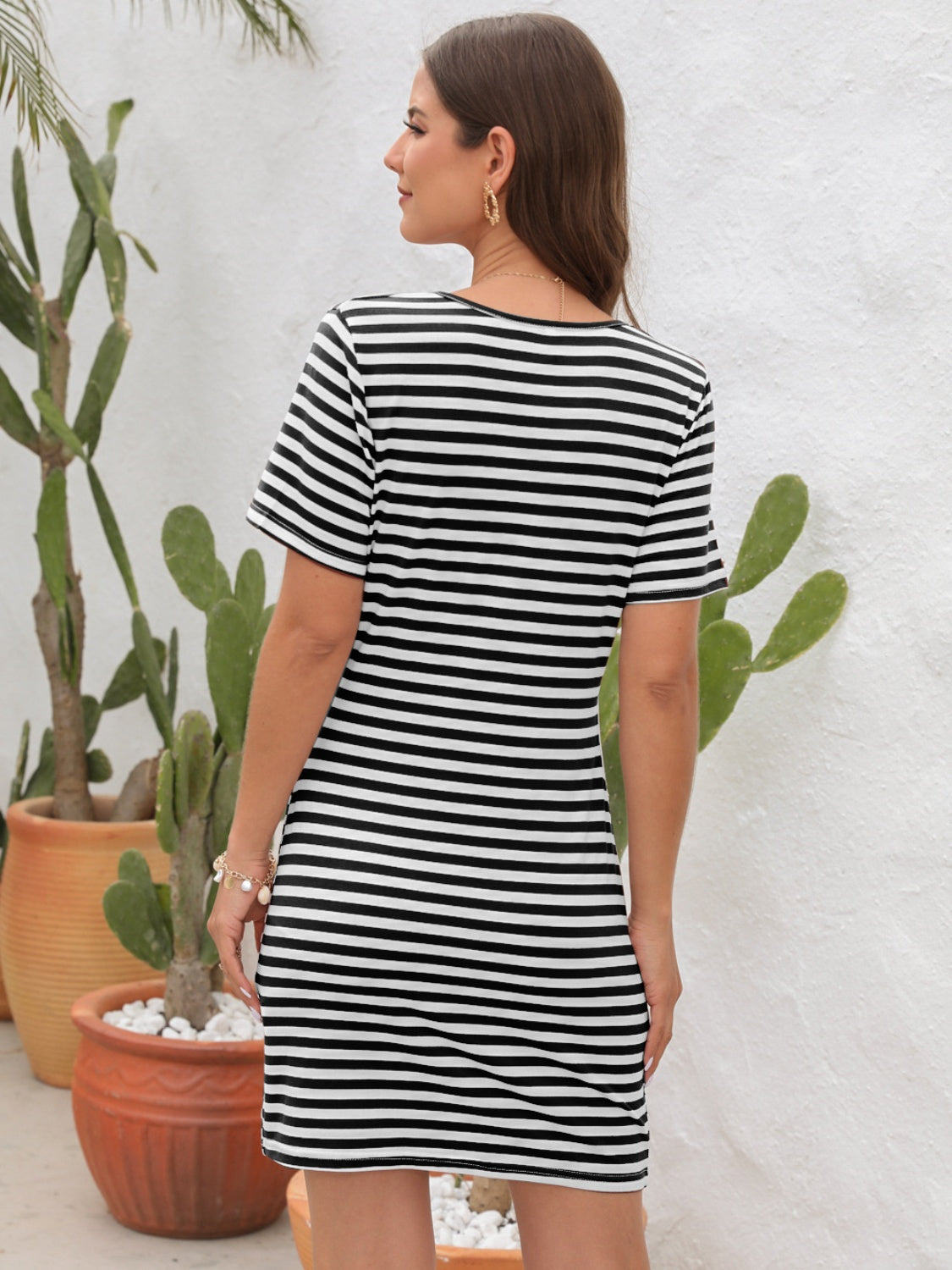 Cutout Striped Round Neck Short Sleeve Dress-Angel Casuals