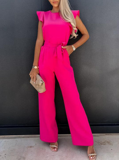 Ruffled Round Neck Cap Sleeve Jumpsuit-Angel Casuals