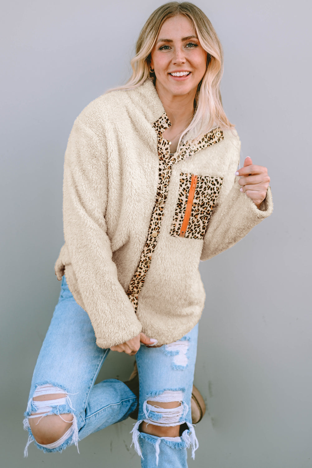 Leopard Snap Down Pocketed Collared Neck Jacket-Angel Casuals