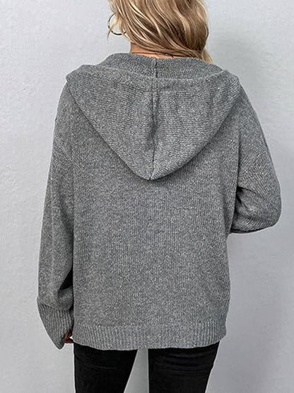 Button Up Drawstring Long Sleeve Hooded Cardigan-Angel Casuals